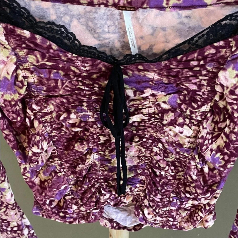 Free People Purple Floral Blouse with Black Lace
